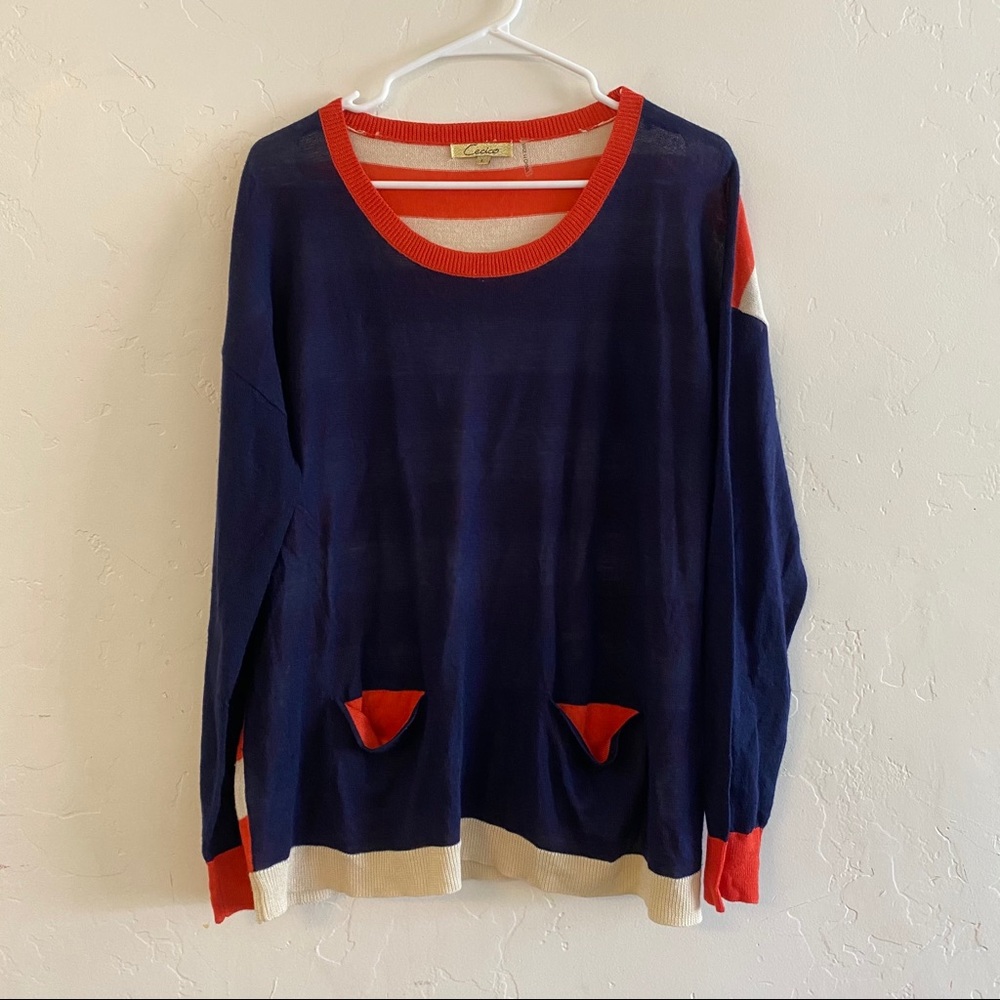 Cecico Lightweight Knit Navy & Striped Sweater Large